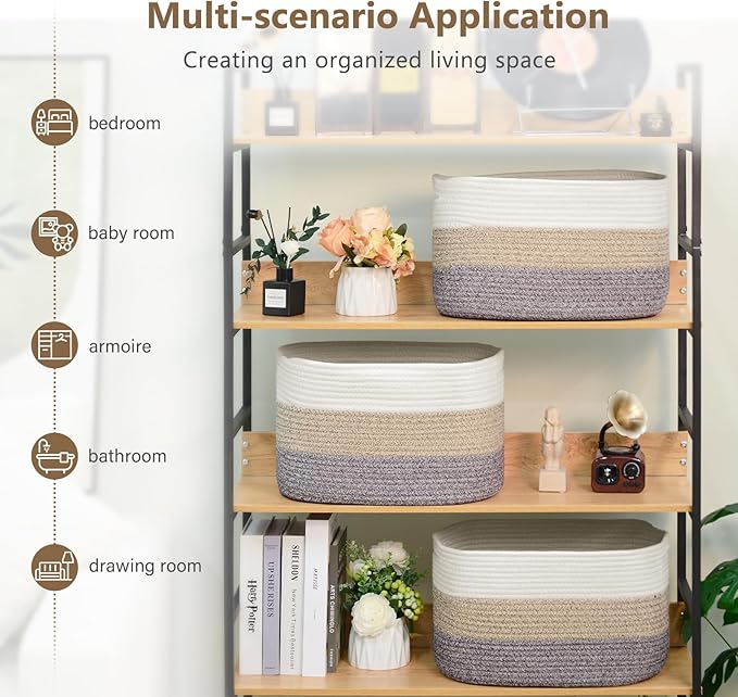 Cotton Rope Storage Basket, 15x10x9 Inches, Woven Basket for Shelves, Clothes, Toys, Towels, Books, and Laundry, Durable and Stylish, White Brown (1 Pack)-NeatNest