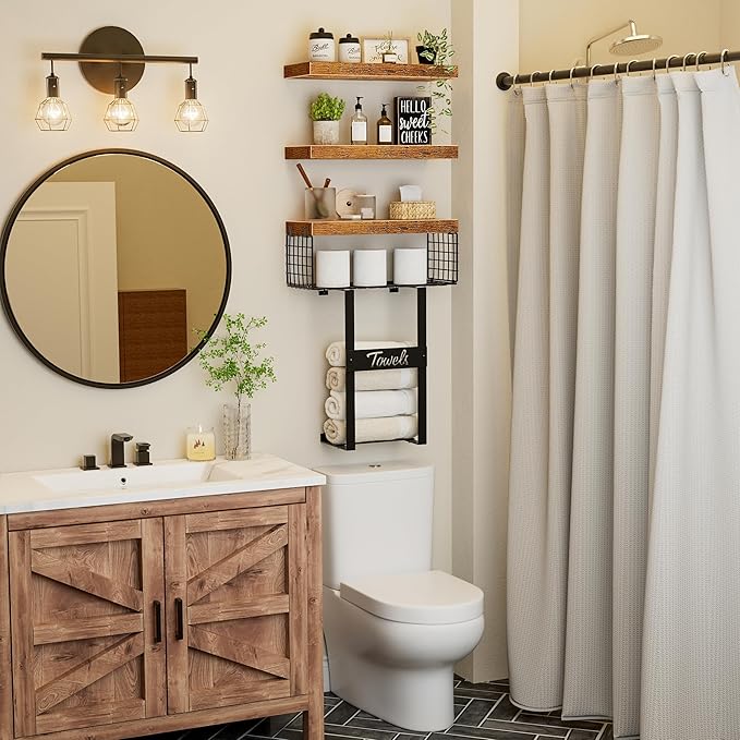 Bathroom Shelves Over Toilet - Floating Shelf for Wall Above Toilet Towels Holder Small Farmhouse Decor Shelves (15.7 inch, Set of 3, Rustic Brown)-NeatNest