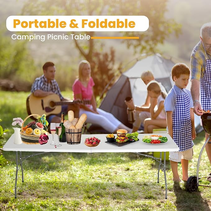 FDW 6FT Folding Picnic Table for Outdoor, Portable Fold-in-Half Plastic Dining Picnic Party Table with Carrying Handle-NeatNest