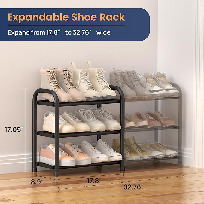 ENJOYBASICS Expandable Shoe Rack, 3 Tier Adjustable Shoe Organizer Shelf for Closet, Black Metal Free Standing Shoe Rack Storage for Small Space, Entryway-NeatNest
