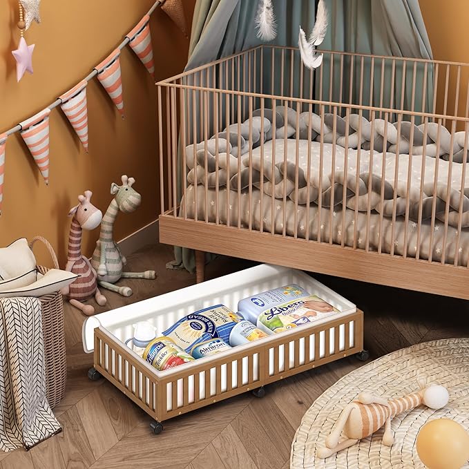 Bamboo Under Bed Storage Containers with Wheels, 2 Pack Large Under the Bed Shoe Storage Bins, Wood Rolling Underbed Drawers Organizer for Bedroom Closet Clothes Blanket Under Crib Toy Walunt-NeatNest