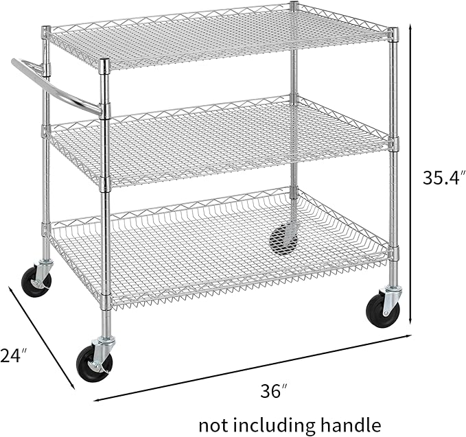 Finnhomy 3 Tier Heavy Duty Commercial Grade Utility Cart, Wire Rolling Cart with Handle Bar, Steel Service Cart with Wheels, Kitchen Carts on Wheels, Metal Cart Shelf Size 24" D x 36" W, NSF, Chrome