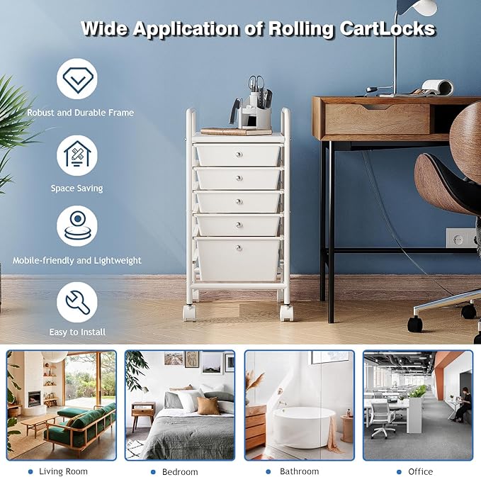 6-Tier Rolling Cart with 5 Drawers, Rolling Utility Cart with 2 Lockable Caster Wheels, Multipurpose Mobile Rolling Storage Drawer Cart for Office Bathroom Kitchen, Ivory White