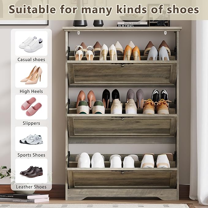 3 Flips Shoe Cabinet for Entryway, Narrow Shoe Storage Cabinet with Adjustable Shelves, Wooden Space-Saving Organizer and Rack for Foyer, Closet, Hallway