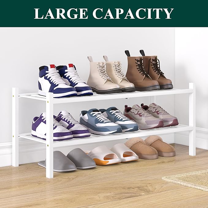 Smiry Bamboo Shoe Rack for Closet, 2 Tier Wooden Stackable Shoe Organizer, Free Standing Shoes Storage Shelf for Entryway, Front Door Entrance, White-NeatNest