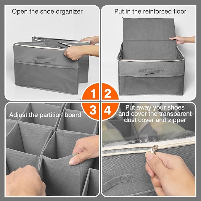 Fabric Shoe Organizer Storage Box for Closet, Fits 16 Pairs Large Shoe Storage Containers Sneaker High Heel Storage Box Bins Space Saving Shoe Storage Organizer Basket with w/Adjustable Dividers, Grey-NeatNest