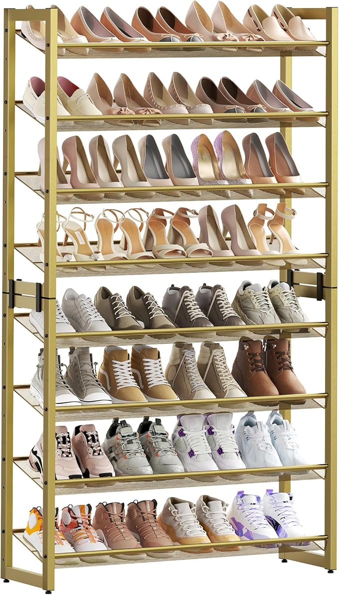 SONGMICS Shoe Rack, 8-Tier Shoe Organizer, Metal Rack for Garage, Set of 2, 4-Tier Stackable Shelf, with Adjustable Flat or Angled Shelves, 32-40 Pairs, Pale Gold ULMR08A02-NeatNest