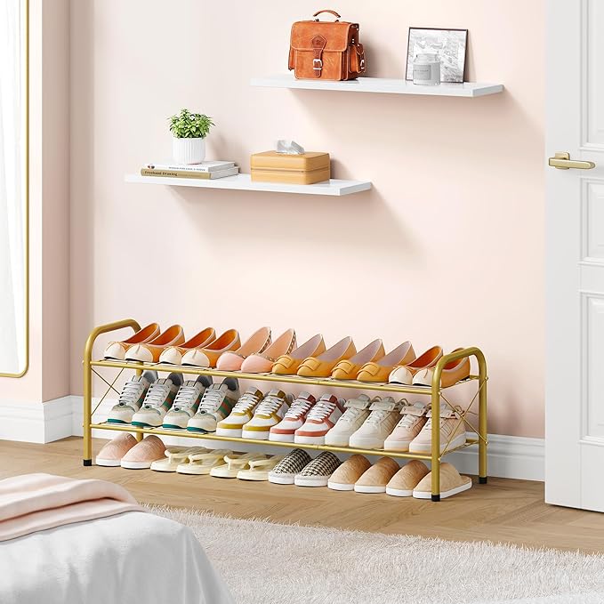 Hoctieon 2 Tier Shoe Rack for Closet, Durable Mesh Style Shoe Rack, Entryway Shoe Shelf, Shoe Storage Organizer for Hallway, Bedroom, Living Room, Wardrobe, Gold-NeatNest