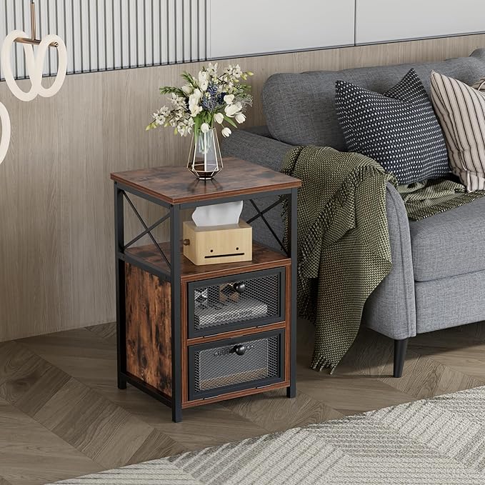 VECELO End Side Table, Modern Night Stand with Storage Space and Door, Set of 2 Nightstands for Living Room,Bedroom,Lounge,Antique Brown