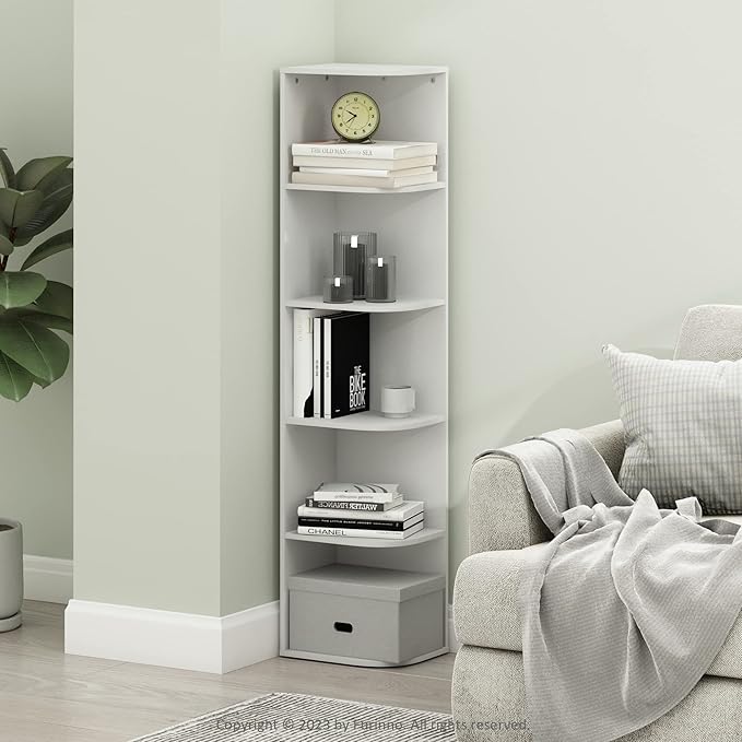 Furinno Pasir 5-Tier Corner Open Shelf Bookcase, White-NeatNest