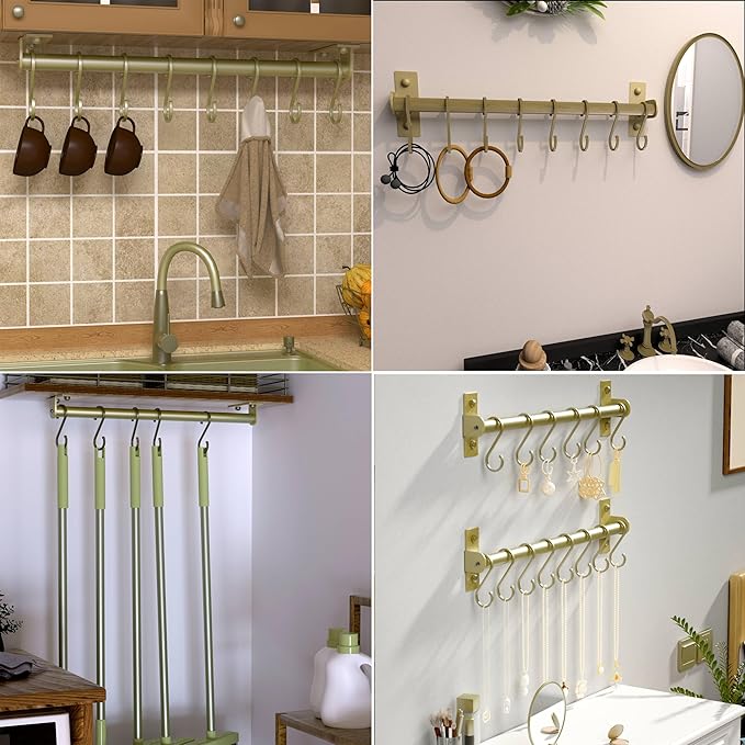 Dseap Kitchen Utensil Holder Hanger, Pot and Pan Rack Wall Mounted, Kitchen Rail with 8 Hooks for Hanging Cooking Utensils, Mugs, Spoons, Wall Mounted, Champagne Color, Pack of 2-NeatNest