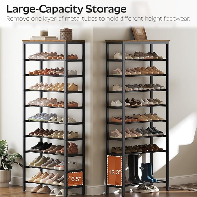 10 Tier Tall Shoe Rack, Large-Capacity Shoe Storage Organizer, Free Standing Shoe Shelf for Closet, Adjustable Metal Shoe Racks Organizer for 40 Pairs of Shoes, Rustic Brown and Black SS70BR-NeatNest