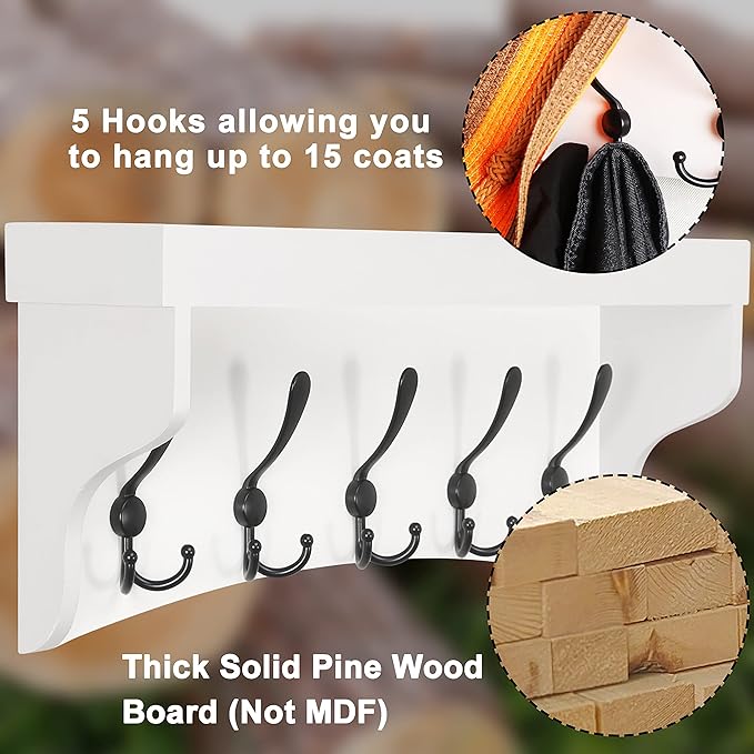 Dseap Coat Rack Wall Mounted With 5 Tri Hooks 24-Inch Heavy Duty Wood Entryway Shelf, Coat Hanger, White & Black