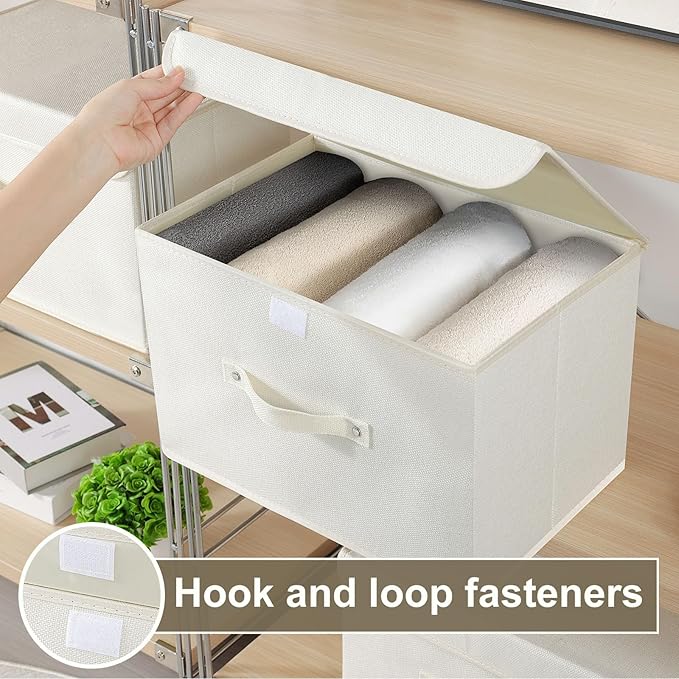 Fabric Storage Bins Cube Organizers with Flip-Top Lid and Handles,Storage Boxes for Organizing Home,Office,and Closet,Beige,3 Pack 15 x 9.8 x 9.8 in-NeatNest