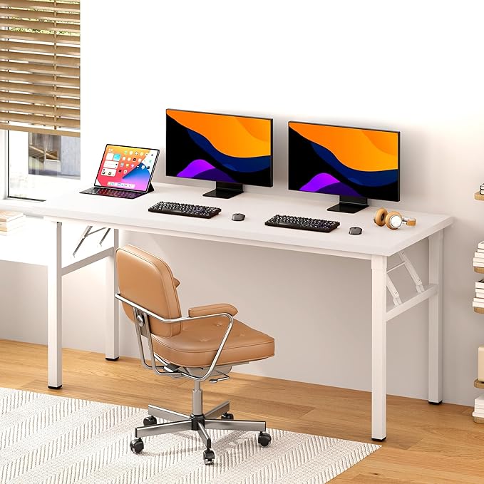 DlandHome Computer Desk 62 inches Office Desk Computer Table Study Writing Desk Workstation for Home Office Metal Frame No Install Needed White and White-NeatNest