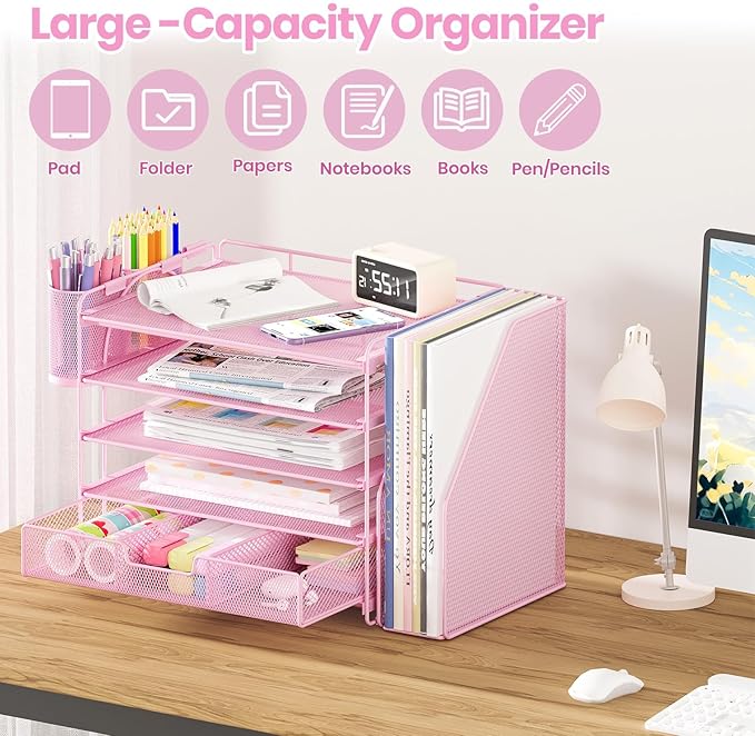 Desk Organizers and Accessories, 5-Tier Paper File Organizer with Drawer & Pen Holder, Office Desk Accessories Workspace Desktop Organizer for Office Supplies((Pink)-NeatNest