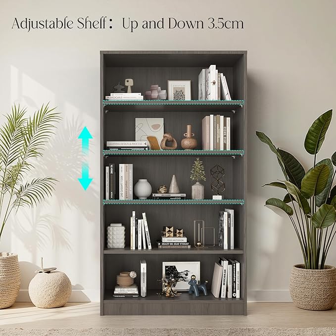 Farini 60 Inch Tall 5-Shelf Bookcase, Wood Bookshelf Storage Organizer Adjustable Shelf for Home Office, Study Room, Easy Assembly,Grey