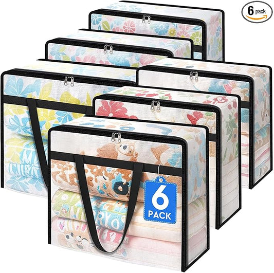 BlissTotes 6 Pack Clear Clothes Storage Bags, Under Bed Storage Containers, Foldable Blanket Storage Moving Bags with Sturdy Zipper and Handle for Clothing, Comforter, Bedding, Sheet (90L)-NeatNest