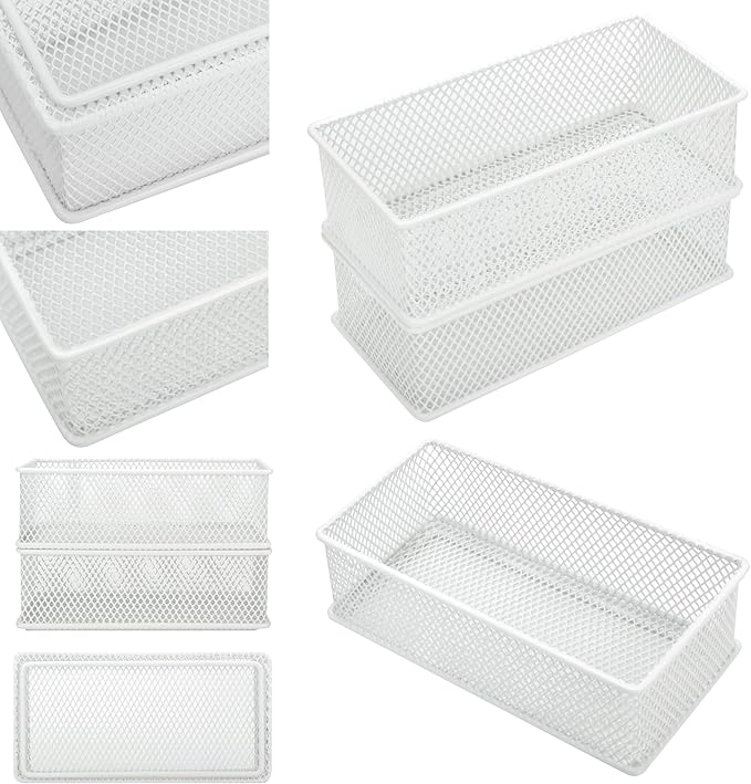 Annova Mesh Stackable Drawer Cabinet and Shelf Organizer Bins Storage Basket School Office Supply Holder Tray- Set of 2 (White, 3x6x2 Inch)-NeatNest
