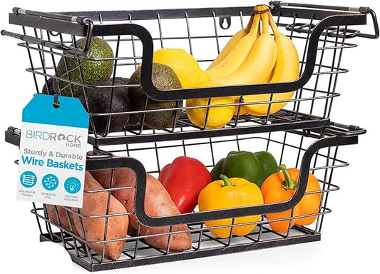 BIRDROCK HOME Wire Baskets - Set of 2 Stackable Hanging Bins - Wall Mount Shelf - Potato Onion Storage - Kitchen Pantry Organizer - Fruit Vegetable Snack Tier - Counter Cabinet Storage - Metal Baskets-NeatNest