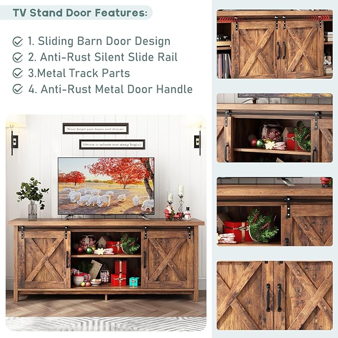 Farmhouse TV Stand for 55-65in TV with Adjustable Shelves & Sliding Barn Door - Rustic, Wooden Entertainment Center & Media Cabinet for Bedroom, Living Room (Dark Brown, 58in)-NeatNest