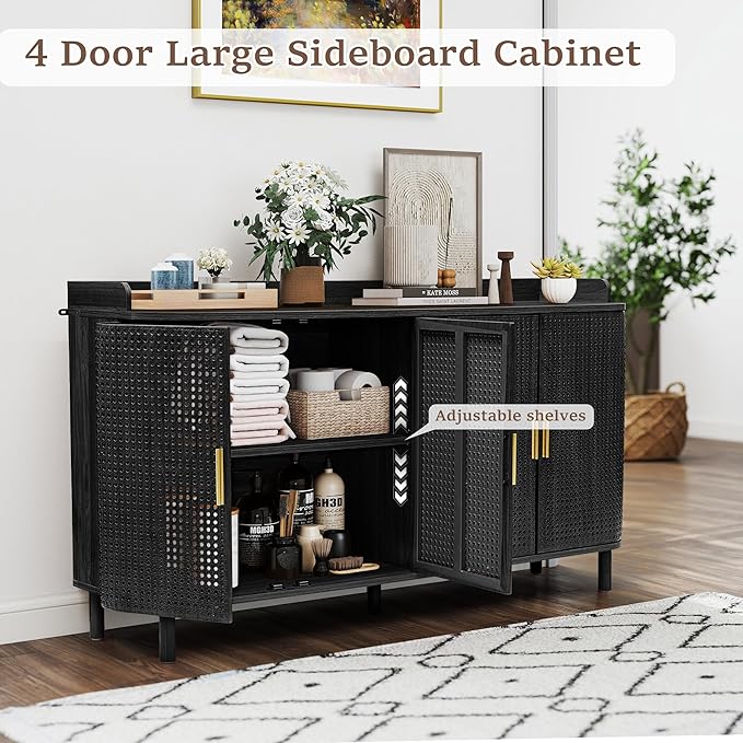 ORRD 4 Doors Storage Cabinet, 2 Tier Wooden Storage Organizer Cabinet with Adjustable Shelf, Sideboard Buffet Cabinets with Iron Curved Doors Accent Shoe Rack for Entryway Hallway Living Room (Black)-NeatNest