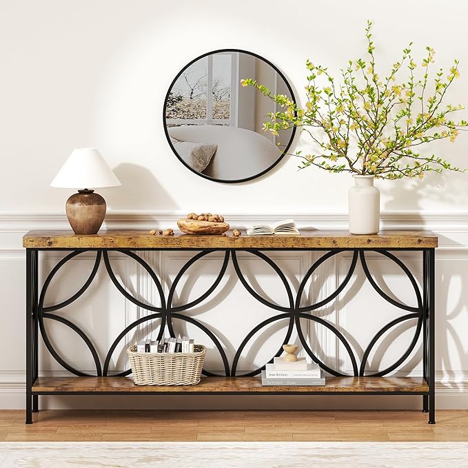 karlott 70.9 inch Extra Long Console Table, Industrial Sofa Table Behind Couch with 2 Tier Storage Shelf, Narrow Long Entryway Table for Living Room, Foyer, Hallway, Office, Rustic Brown-NeatNest