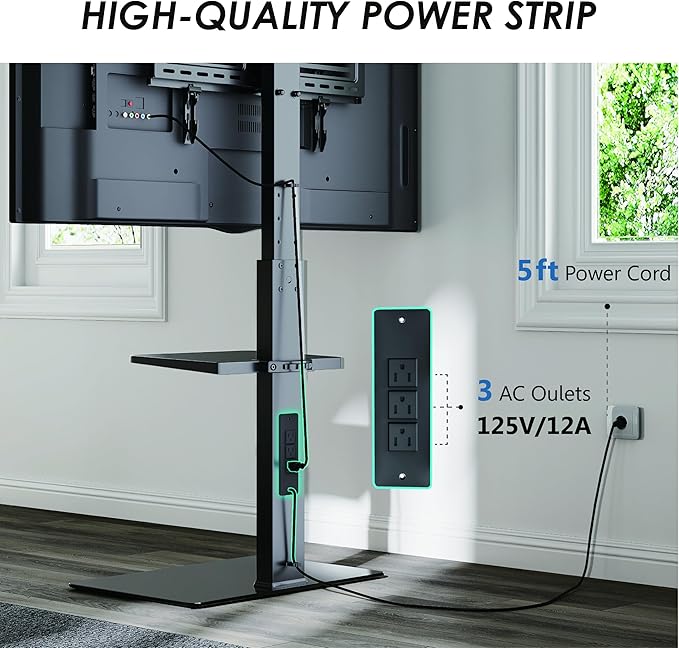 FITUEYES Floor TV Stand for 32-75 inch TV with Power Outlet, Tall TV Stand for Bedroom Living Room with Tempered Glass Base, Floor TV Mount Holds Up to 88lbs MAX VESA 600x400mm,Black-NeatNest
