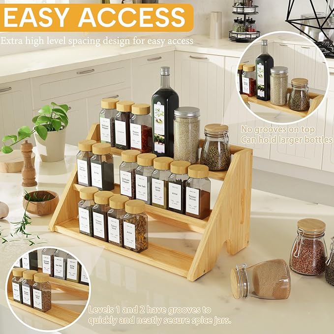 Bamboo Spice Rack Organizer -3-Tier Spice Rack for Countertop,Cabinet Spice Rack Organizer for 27 Spice Jars(4oz),Step Shelf (yellow)