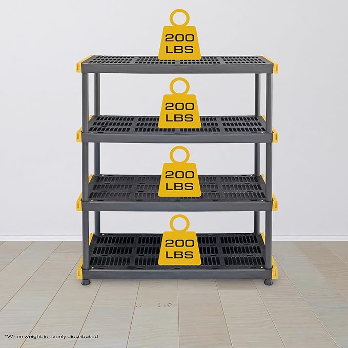 BLACK & YELLOW, 4-Tier Heavy Duty Plastic Storage Shelving Unit, 200lbs/shelf (55"H x 48"W x 20"D), for Indoor/Outdoor Organization, Modular Rack-NeatNest