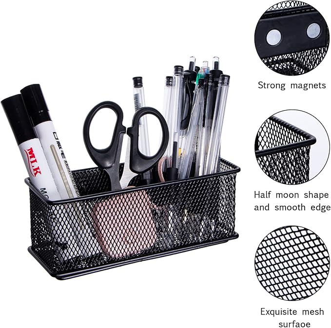 dedoot Magnetic Pencil Holder, Black Mesh Pen Organizer Strong Magnetic Storage Basket Organizes Pens, Pencils, Markers for Whiteboard, Locker, Fridge, Cubicle Desk, Offices 6.3x2.3x2.6inch-NeatNest