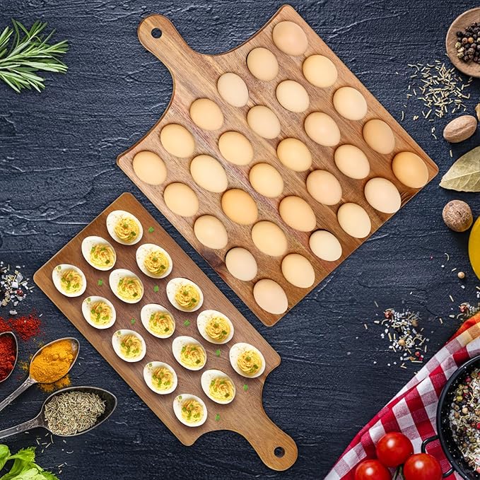 Acacia Wood Deviled Egg Platter Large 30 Holes Egg Holder for Kitchen Counter Wooden Serving Tray Easter Gift Hosting Devilled Eggs Container Charcuterie Board Carrier Cheese Plate Devil Egg Dish