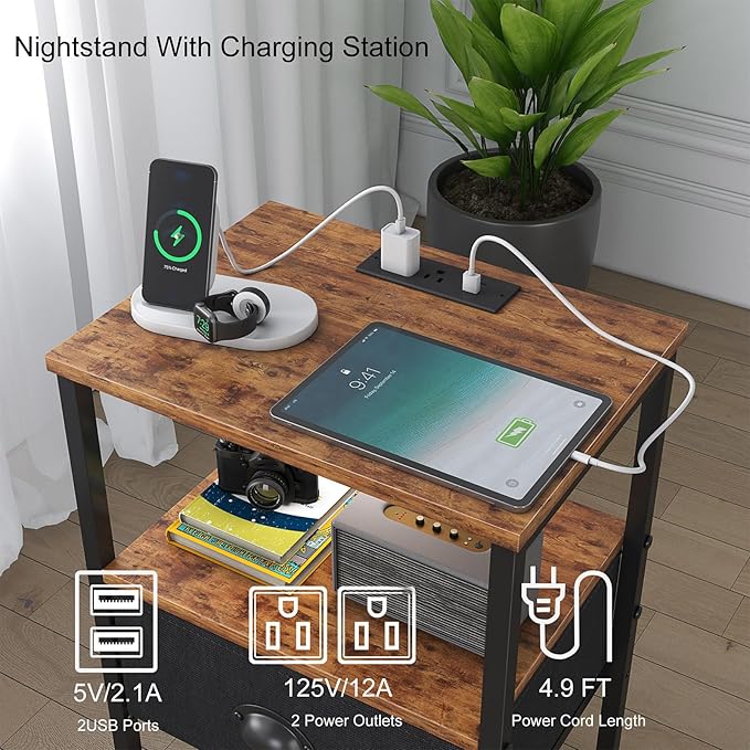 Sthmec Nightstands with Charging Station, LED Bedside Tables with Charging Station and Fabric Drawer, Night Stand with Storage, 3 Tier Side Table with Open Shelf,Nightstand Bedside Table,Rustic Brown