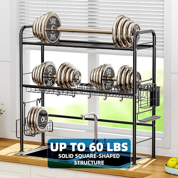 Large Over The Sink Dish Drying Rack, 2 Tier Over Sink Dish Rack with Utensil Holder, Dishes Drainer for Kitchen Counter Kitchen Organizer Metal (Fit≤32" Sink)