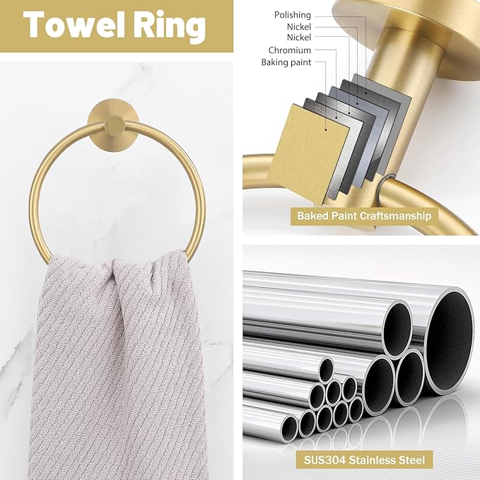 Bathroom Towel Holder Set, 6 Pieces Brushed Gold Towel Bar Bathroom Hardware Accessories Set, SUS304 Stainless Steel Towel Rack Towel Ring Toilet Paper Holder Set Wall Mounted