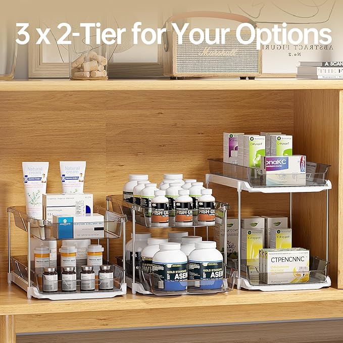 Delamu 2 Sets of 3-Tier Bathroom Under Sink Organizers and Storage, Multi-Purpose Stackable Pantry Organization and Storage, Grey-NeatNest