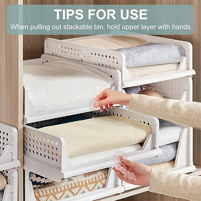 Stackable Foldable Storage Baskets, Folding Storage Bins, Closet Organizers and Plastic Drawer Shelf Storage Container for Wardrobe, Cupboard, Kitchen, Bathroom, Office (White, 4S)
