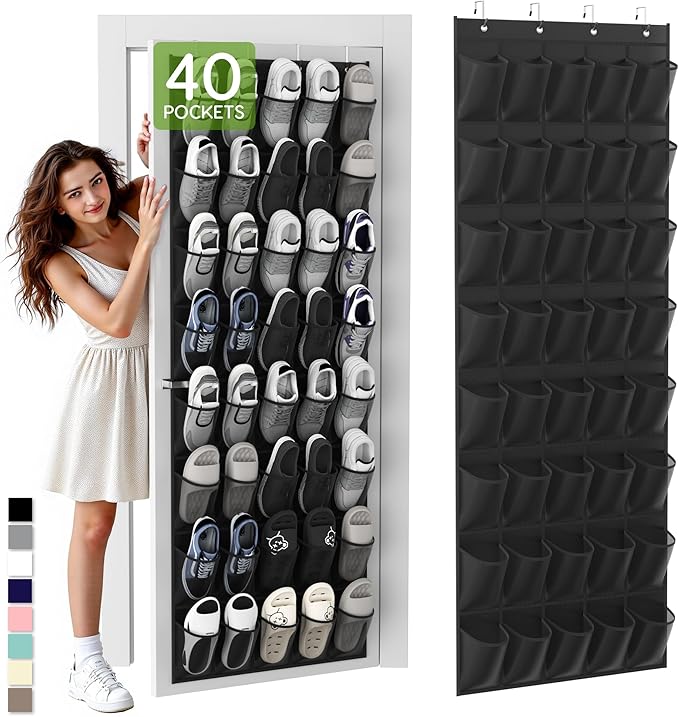Unjumbly Over the Door Shoe Organizer with 40 Large Breathable Mesh Pockets, Space Saving Shoe Holder, Hanging Shoe Rack for Entryway Bedroom Closet Storage (Black, 40 Pockets)-NeatNest