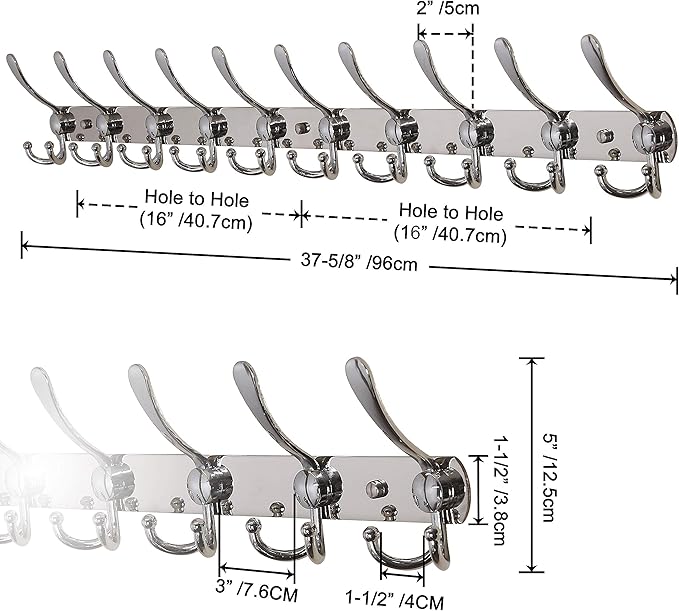 Dseap Coat Rack Wall Mount - 38” Long 10-Tri-Hooks Heavy Duty Coat Hanger Rail Wall Hooks for Hanging Coats Hats Clothing Clothes Purse Mudroom Entryway, Chromed-NeatNest