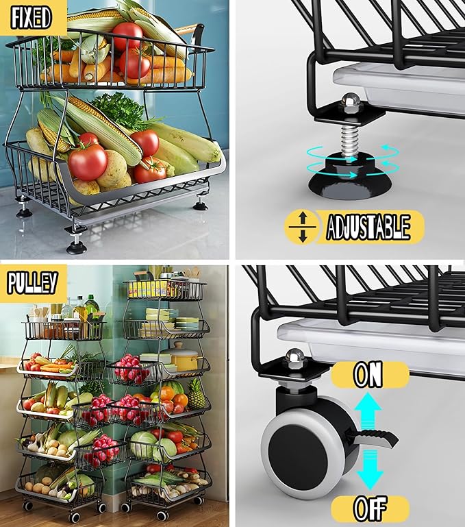 MURRI&MURRDI 6 Tier Stackable Wire Storage Baskets with Wheels, Black, Kitchen Fruit Vegetable Storage Cart
