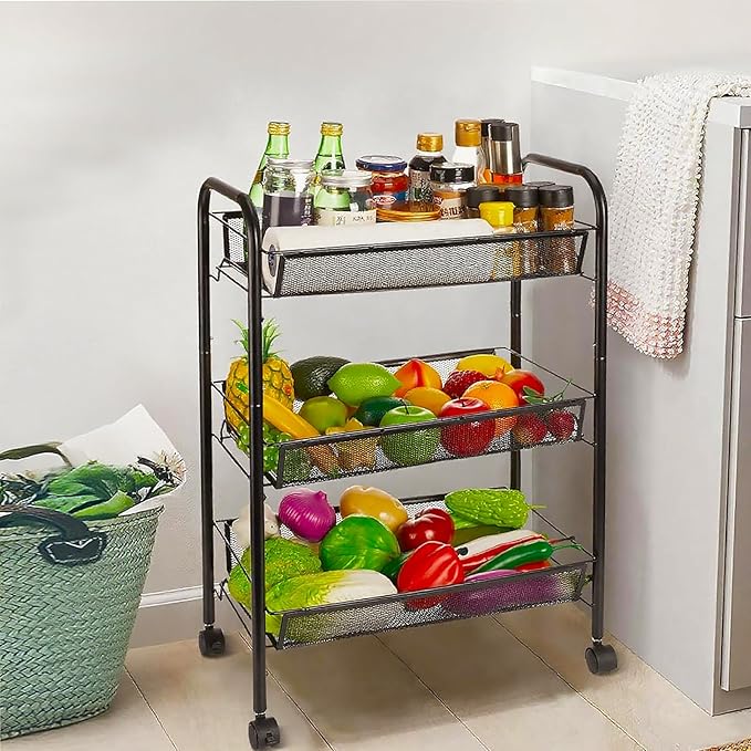 3 Tier Rolling Cart, Mesh Wire Utility Carts, Metal Storage Shelf with Wheels & 4 Side Hooks, for Laundry Room Organization, Kitchen, Living Room, Bathroom, Pantry, Dorm & Under Desk Storage