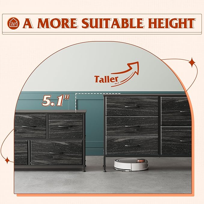 WLIVE Dresser for Bedroom with 5 Drawers, Wide Dressers with Drawer Organizers, Chest of Drawers, Fabric Dresser for Living Room, Closet, Hallway, Charcoal Black Wood Grain Print-NeatNest