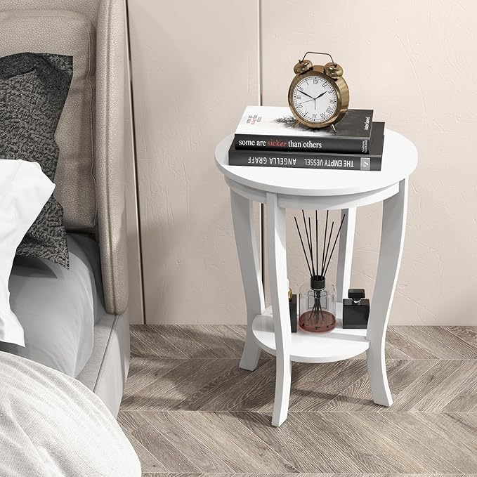 Giantex Round End Tables Set of 2, 2 Tier Side Table with Storage Shelf and Solid Wood Legs, 18" x 18" Accent Table for Corner Small Spaces, Tall Night Stand for Living Room Bedroom, White
