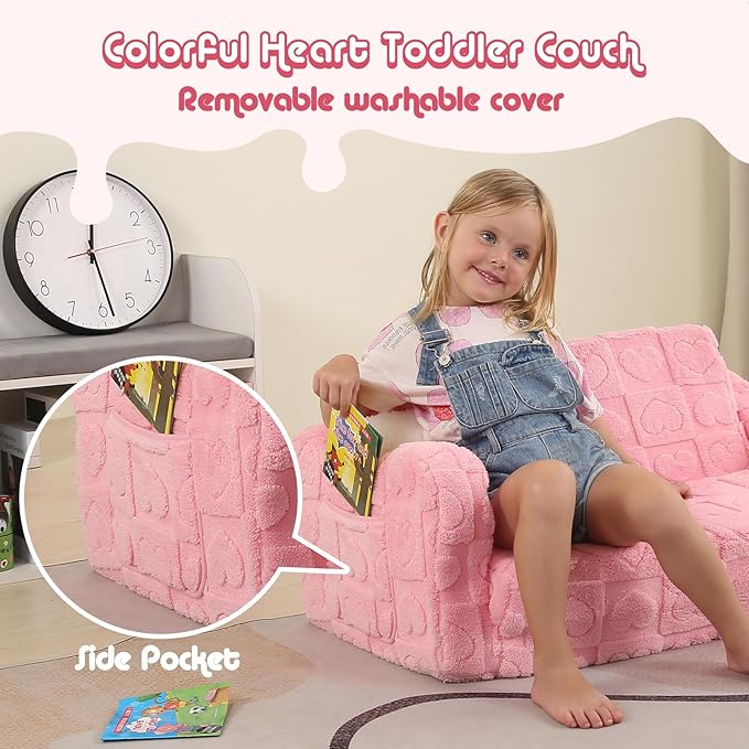Extra Wider Seating Toddler Couch, 2-in-1 Toddler Soft Couch Fold Out with Star Pillow, Convertible Sofa to Lounger for Girls and Boys, Pink Heart-NeatNest