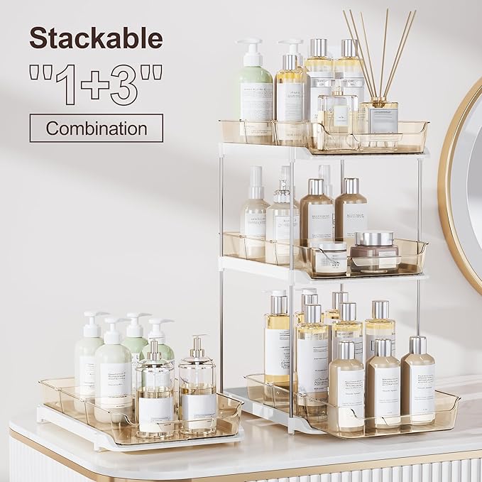 Delamu 2 Sets of 2-Tier Multi-Purpose Bathroom Under Sink Organizers and Storage, Stackable Kitchen Pantry Organization, Pull Out Medicine Cabinet Organizer with 8 Movable Dividers, Amber-NeatNest