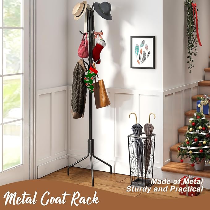 FILWH Coat Rack Freestanding Coat Tree Standing Coat and Hat Hanger Jacket Organizer Rack Metal,18.3" L x 18.3" W x 71.5" H, Black-NeatNest