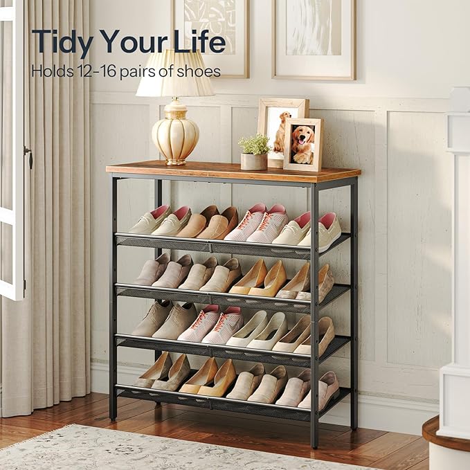 HOOBRO Shoe Rack for Entryway, 5-Tier Shoe Organizer with Adjustable Mesh Shelves, 16-20 Pairs of Shoes, Spacious Floor Mount, Metal, Industrial, Shoe Shelf for Closet, Rustic Brown BF12XJ01-NeatNest