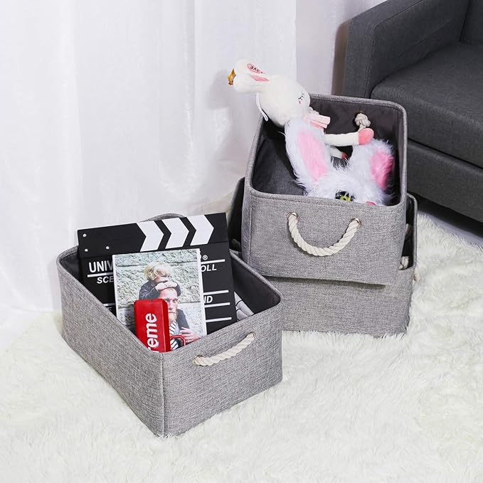 Fabric Storage Basket Set of 3, Foldable Linen Storage Box for Nursery and Home, Collapsible Canvas Shelf Basket for Wardrobe or Bedroom, Grey