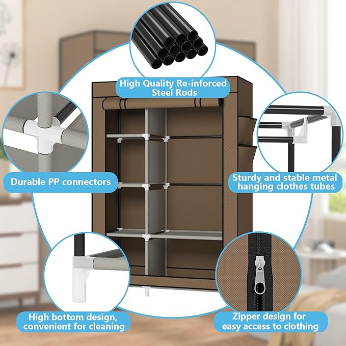 Calmootey Portable Closet Organizers, Clothing Storage, Wardrobe with 6 Shelves and Hanging Rod, Non-Woven Fabric Cover with 4 Side Pockets, Brown-NeatNest
