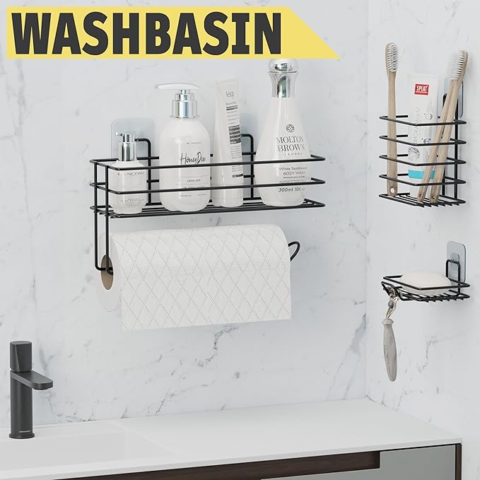 DEKULA Adhesive Shower Caddy 7 Pack Shower Shelves Organizer for Bathroom Storage, Rustproof Stainless Steel Bath Organizers, Kitchen, Adhesive or Screw, Soap Dish Hooks Wall Shelf Toilet Paper Holder